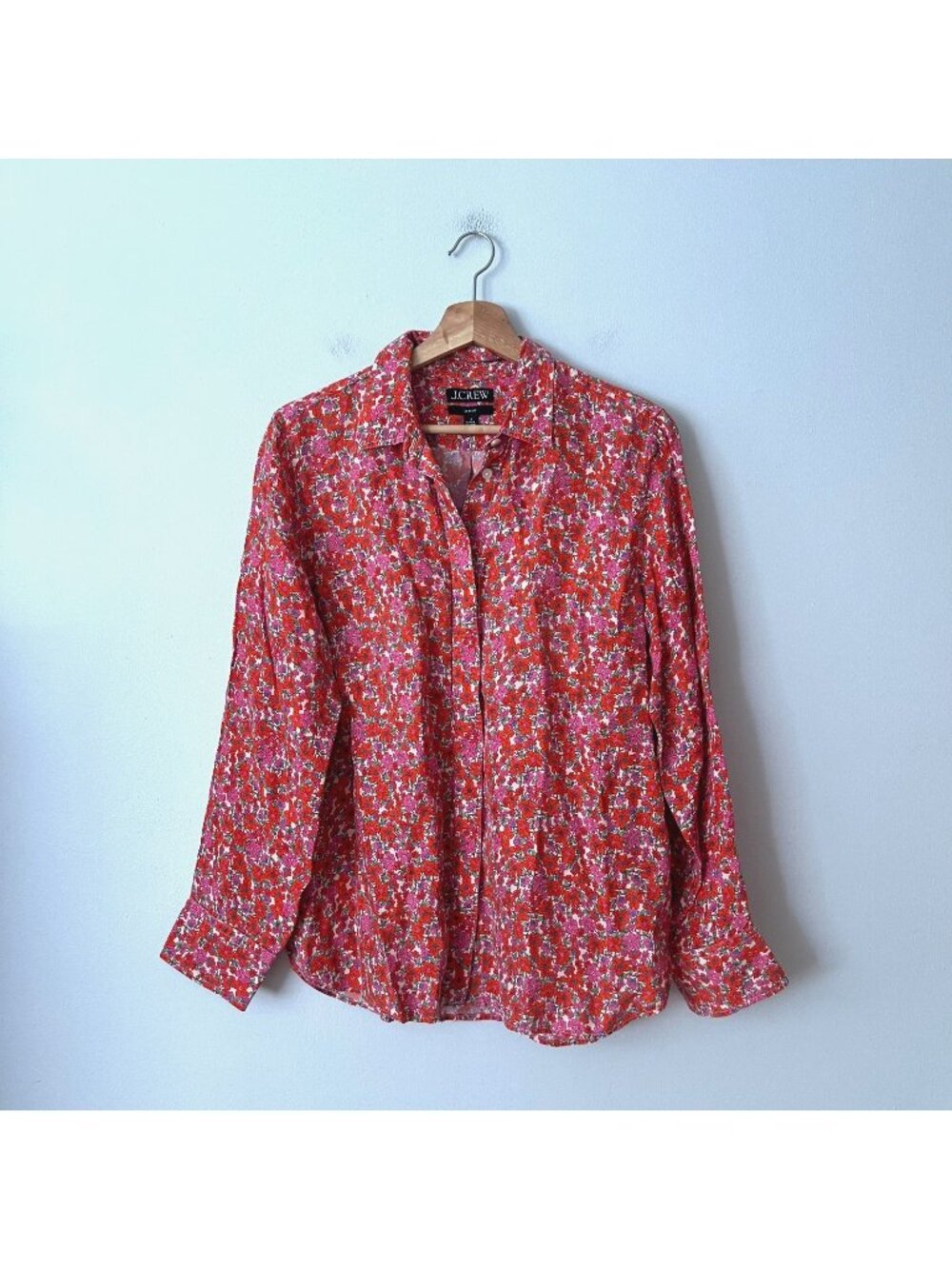 J. Crew Long Sleeve Floral Red Pink Multicolor Button Up Blouse Women's Size 12